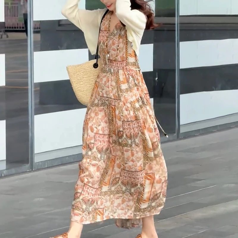 多巴胺苎麻连衣裙女2025夏季新款法式印花无袖时尚气质百搭背心裙
