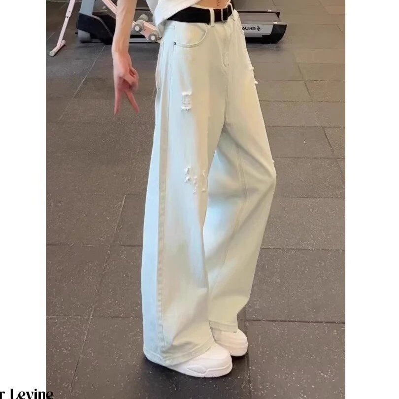 美式高街破洞牛仔裤男秋季宝蓝色潮牌弯刀裤子痞帅宽松阔腿直筒裤