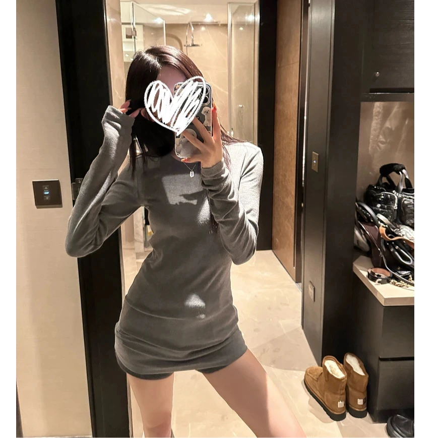 正肩长袖打底T恤女2025春秋新款圆领内搭修身收腰长款上衣叠穿