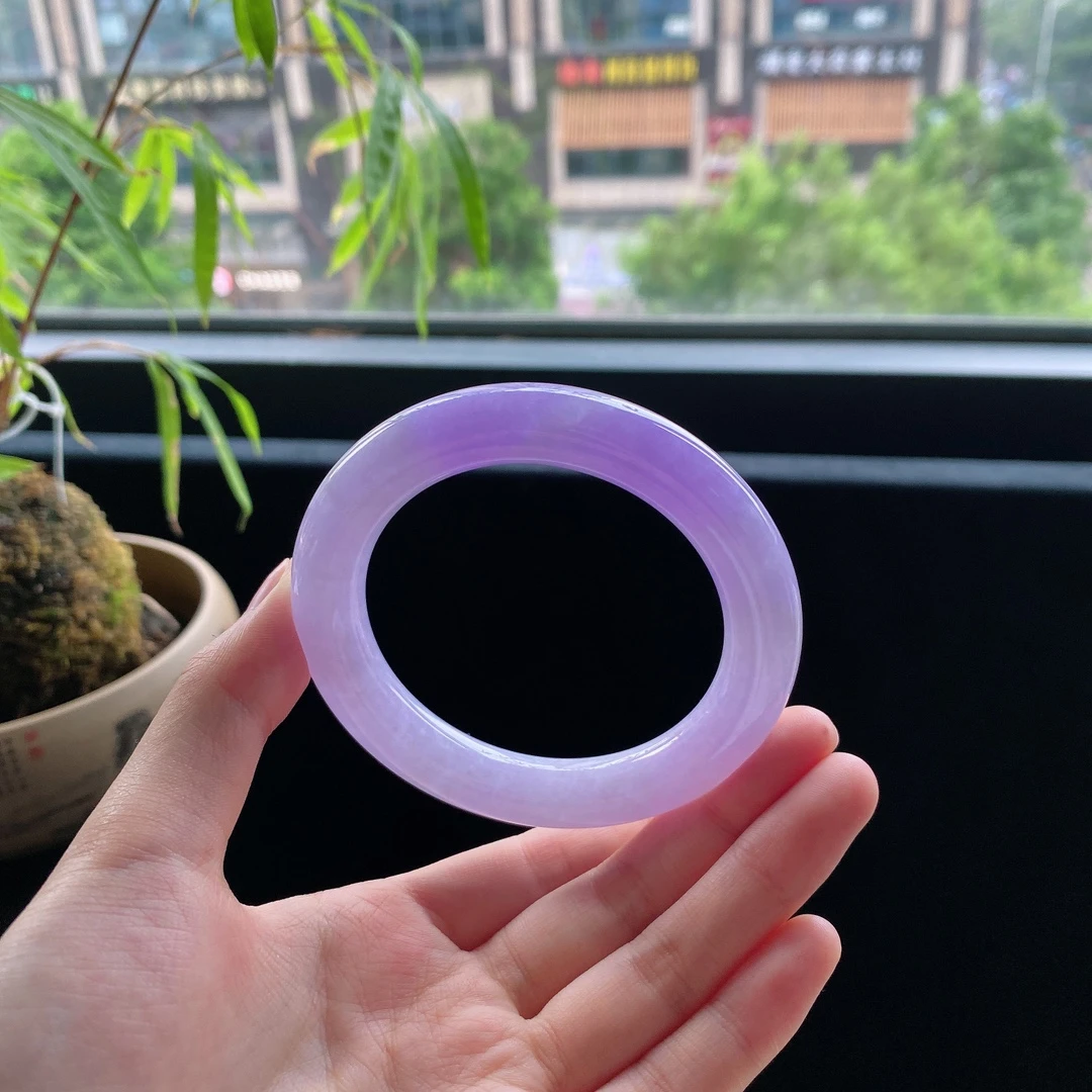 好色珠宝  圈口56缅甸老坑A货细糯种紫罗兰圆条女款翡翠手镯