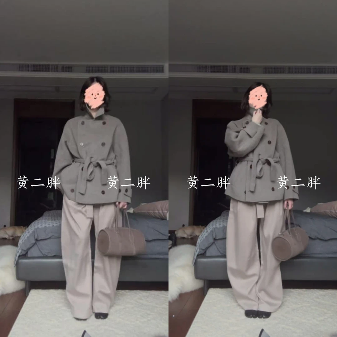 高级感双排扣毛呢外套女秋冬小个子气质收腰显瘦呢子大衣+休闲裤