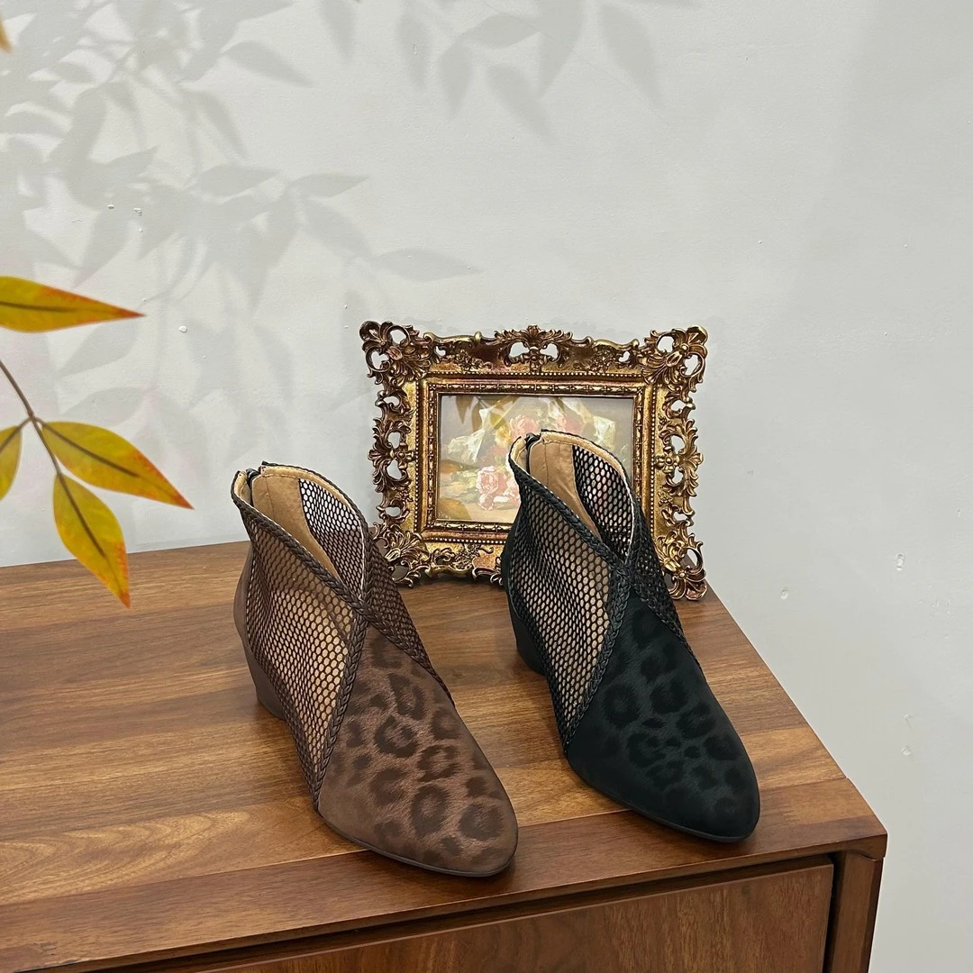 豹纹凉靴女2025夏季新款罗马凉鞋后拉链网纱透气时尚女靴软底软面