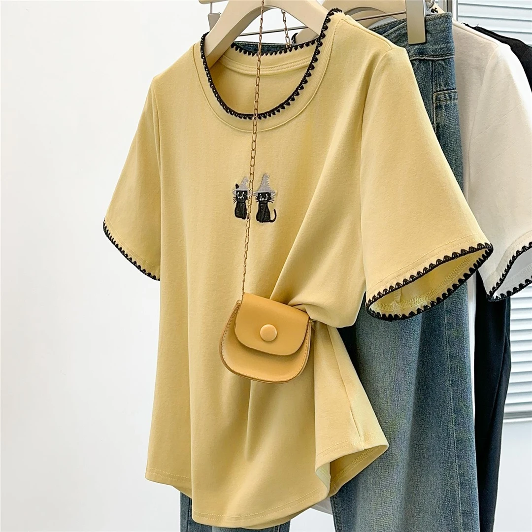 刺绣猫咪撞色正肩短袖t恤女夏季大码女装胖mm短袖遮肚子显瘦上衣