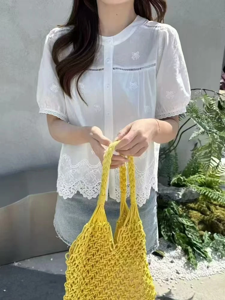 【大婷】韩版V领下摆花边收腰显瘦短袖上衣女夏季新款减龄衬衫25982