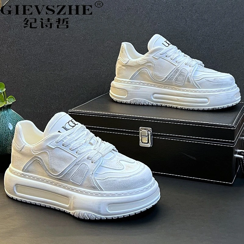 纪诗哲复古风做旧布面脏脏小白鞋男秋季新秋季男士皮面低帮板鞋