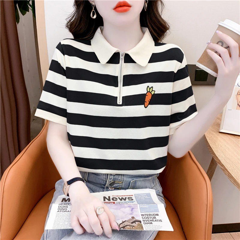 时尚百搭polo领条纹短袖t恤女夏季新款休闲宽松小个子半袖上衣服