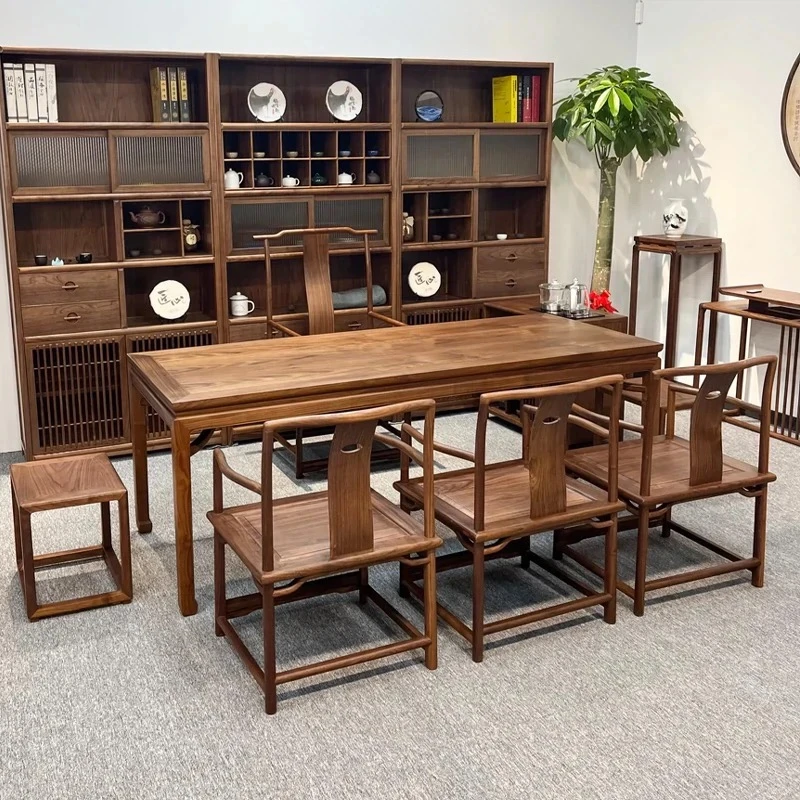 新中式茶桌椅组合榆木实木茶桌茶台茶桌一体一整套明式实木马蹄桌