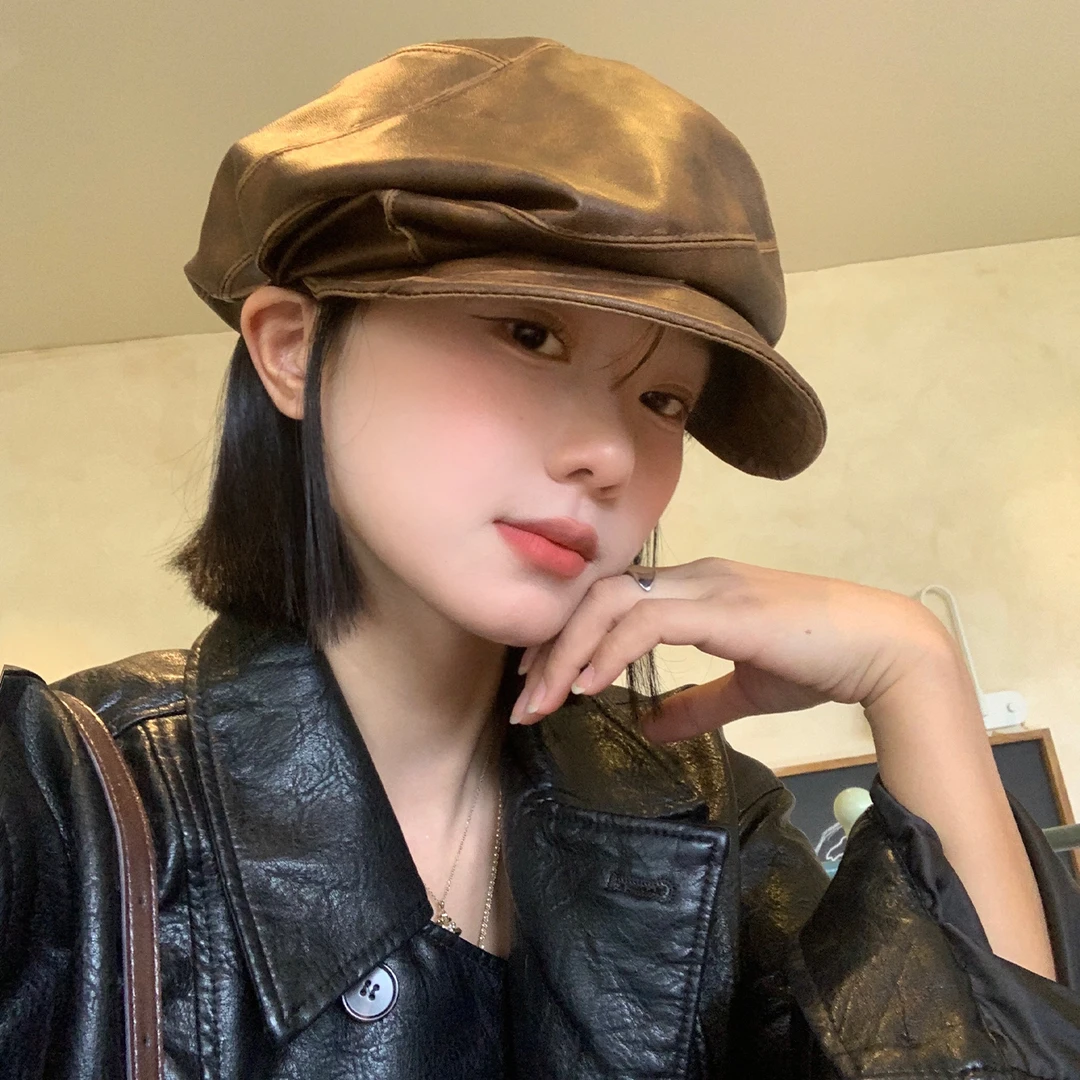 复古英伦风褶皱皮质贝雷帽女秋冬季废土风显脸小辣妹个性八角帽子