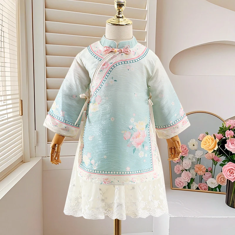 【青萝】秋季新款女童旗袍长袖复古古风小女孩民族风长款连衣裙