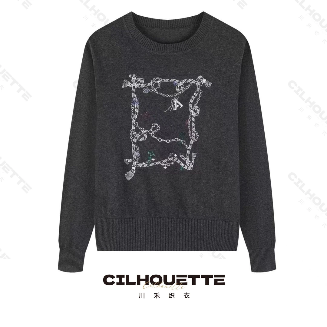 川禾织衣 秋冬烫钻提花原创设计圆领羊毛天丝长袖针织打底衫时尚