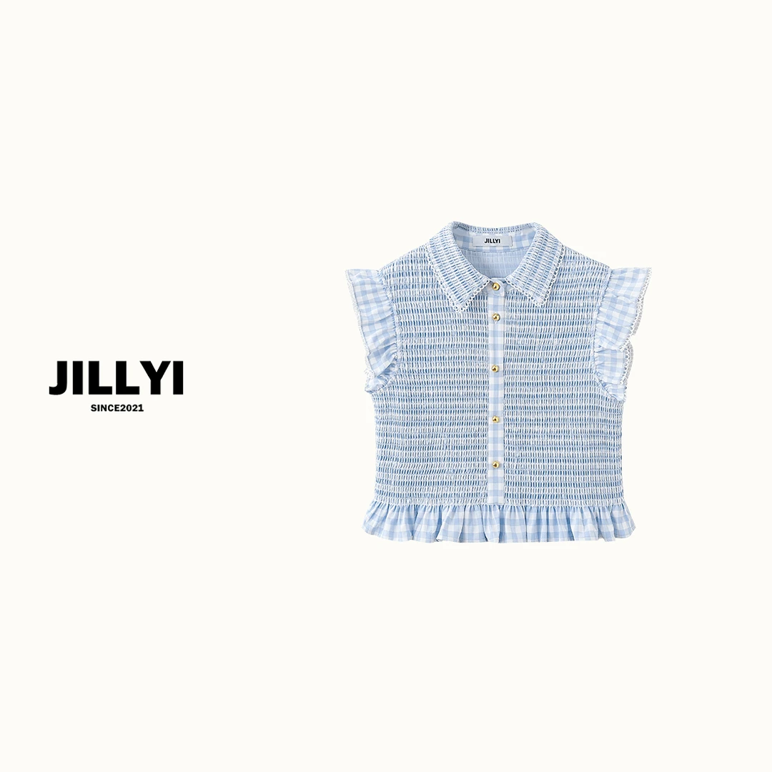 JILLYI南山店【梦中海岸】蓝色条纹飞飞袖活泼气质时尚衬衫