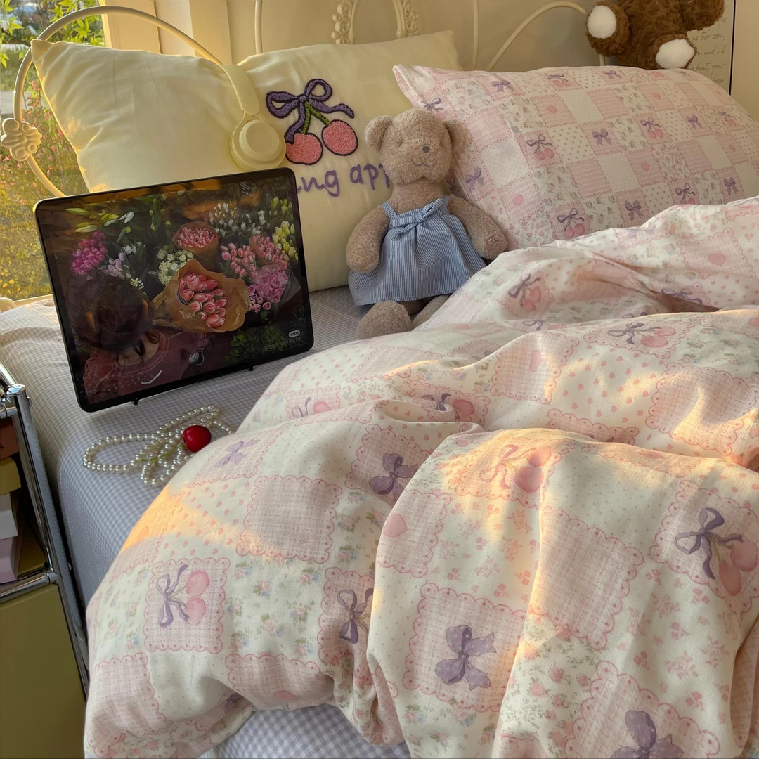 适禾家双层纱毛巾绣母婴级a类ins风少女心裸睡级舒适四件套