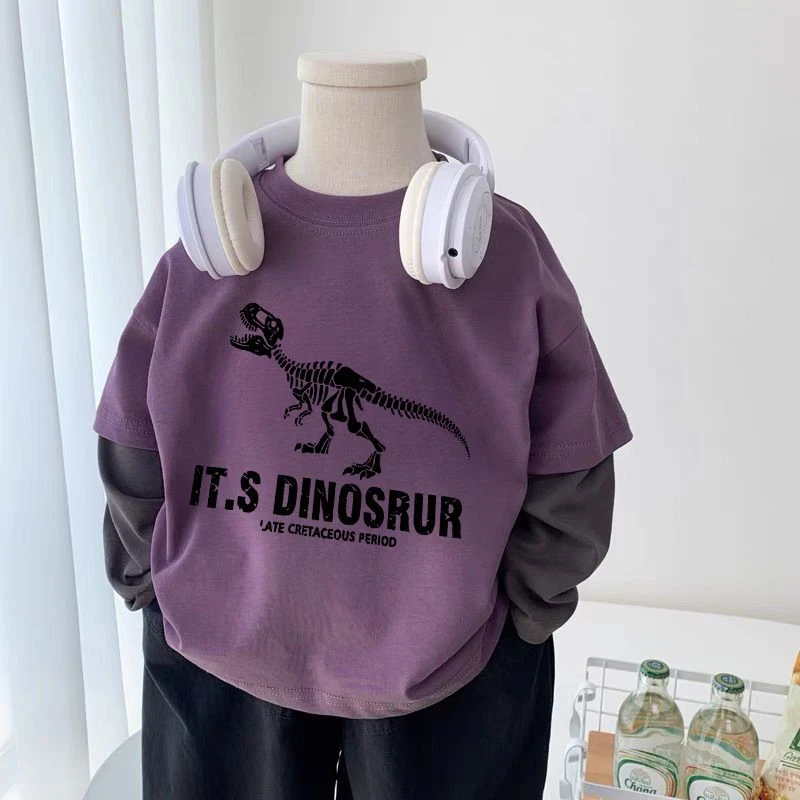 男童儿童假两件长袖T恤纯棉宝宝上衣打底童装春秋2025新款恐龙t恤