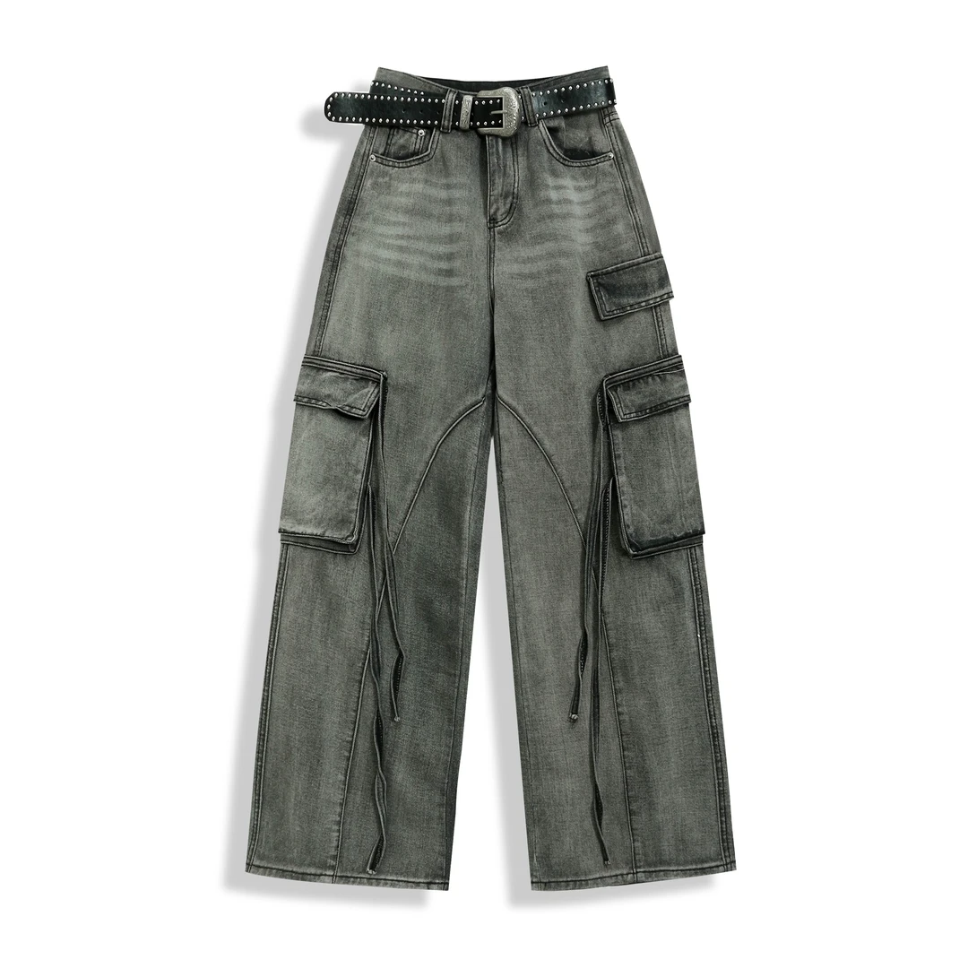 宁熙ec原创2024秋冬洗水牛仔侧面口袋开叉设计感直筒工装裤潮7832