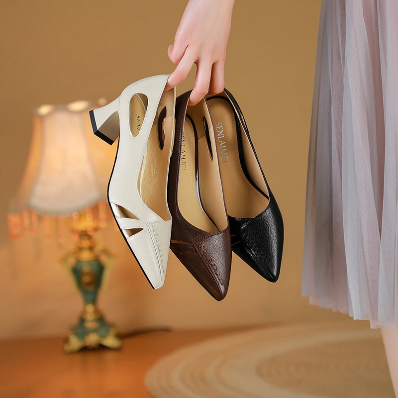 【夏夜之梦】牛皮/34-42/9167新款镂空单鞋粗跟女鞋尖头百搭瓢鞋