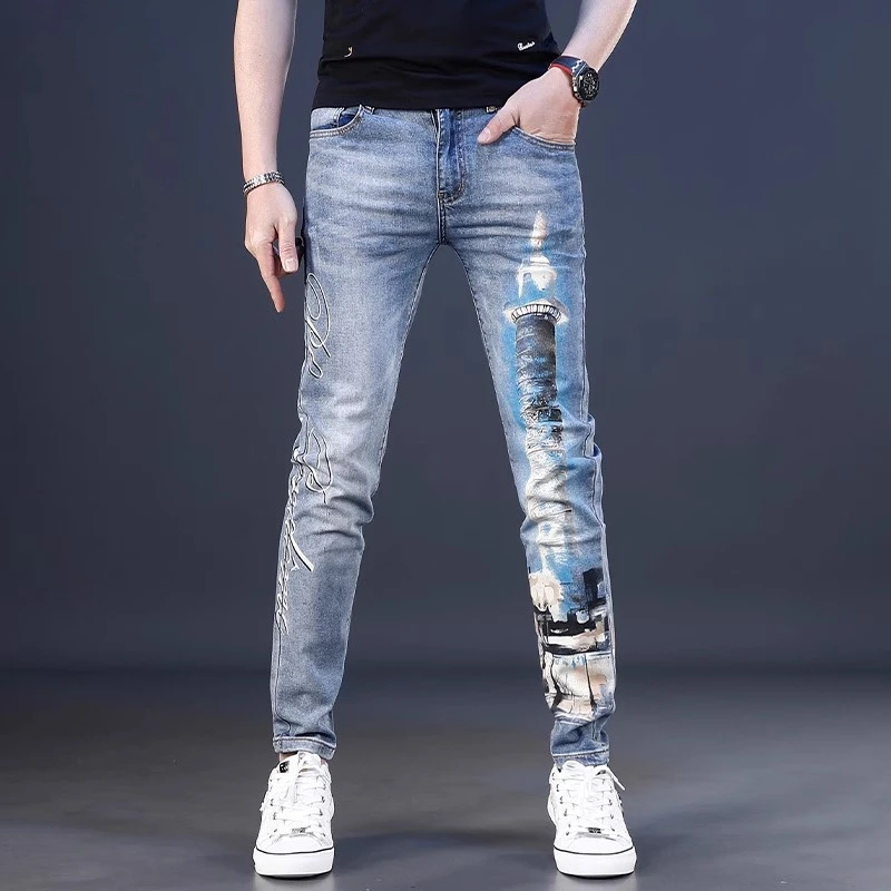 欧洲站印花男士牛仔裤男款爆款2025新款夏季薄款修身小脚弹力裤子