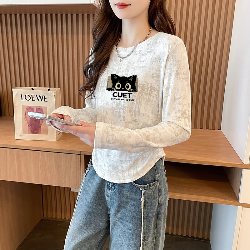 扎染卡通圆领长袖T恤女2025早秋季网红时尚宽松百搭设计感上衣潮