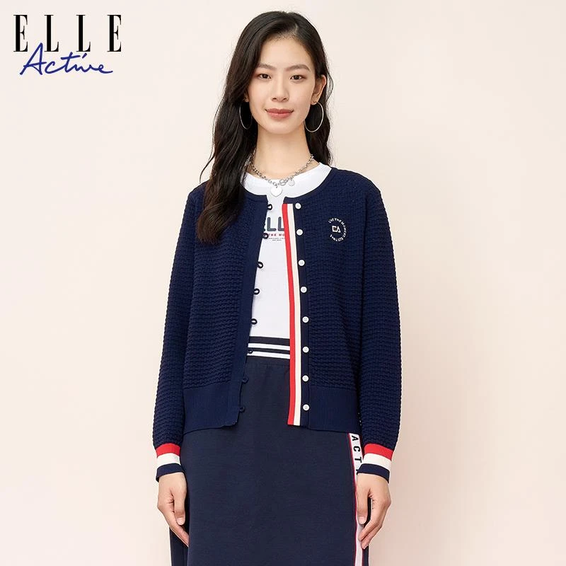 ELLE Active2025春季女款修身显瘦撞色圆领法式气质针织开衫外套