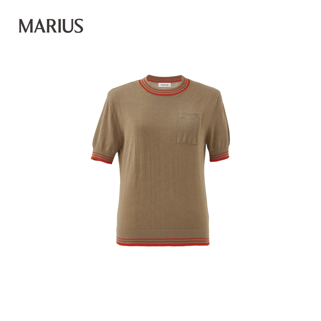 MARIUS"奶咖衫"夏季圆领提花日常休闲时尚亚麻撞色短袖针织衫