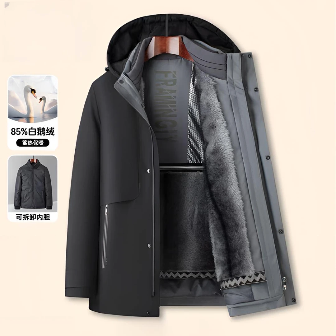 冬季鹅绒羽绒服男士款加绒内里可脱卸内胆冬季保暖防风连帽外套