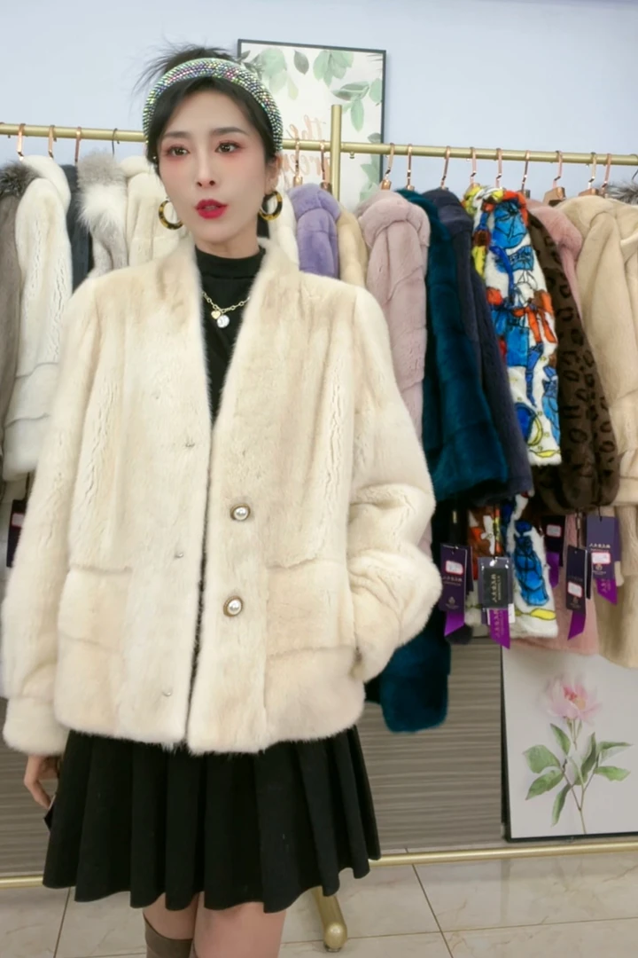 珍珠十字貂v领进口天鹅绒貂皮大衣女士皮草外套