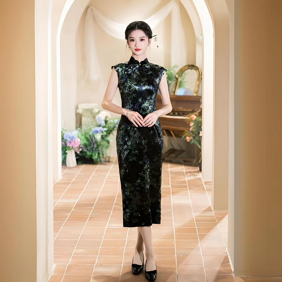 非晚 新中式旗袍2025新款植绒竹子提花显瘦优雅夏季复古日常