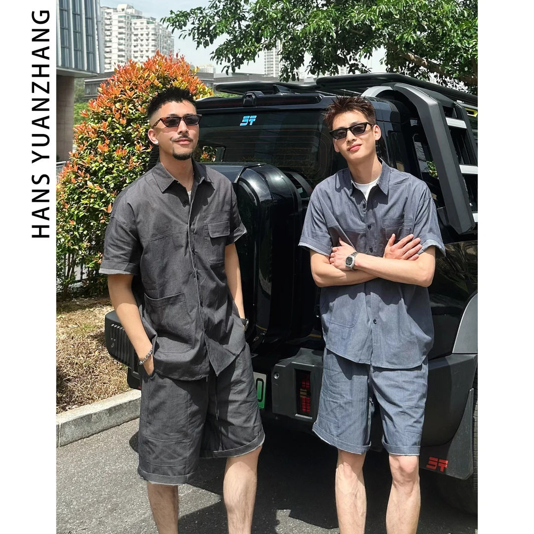 Hans院长 日系cityboy工装套装薄款短袖衬衫男休闲百搭透气宽松