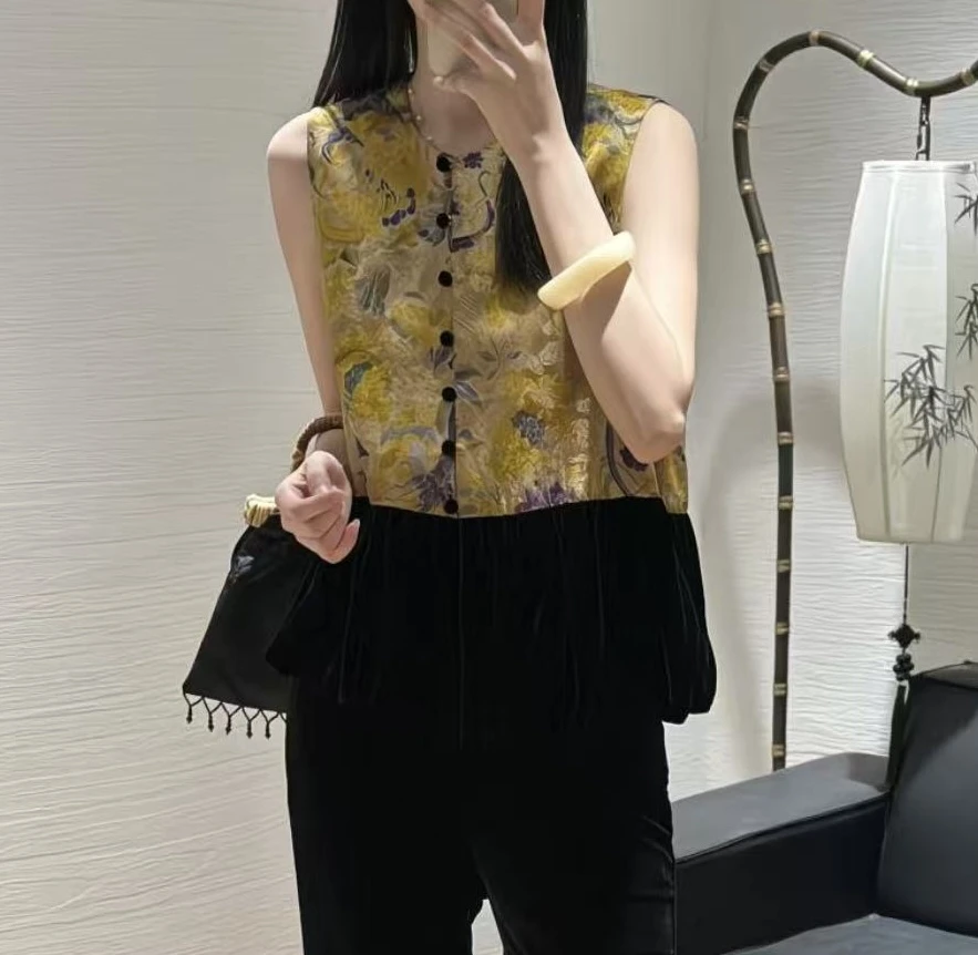 【霜华】拼接圆领马夹秋季拼接印花女马甲套装洋气国风印花