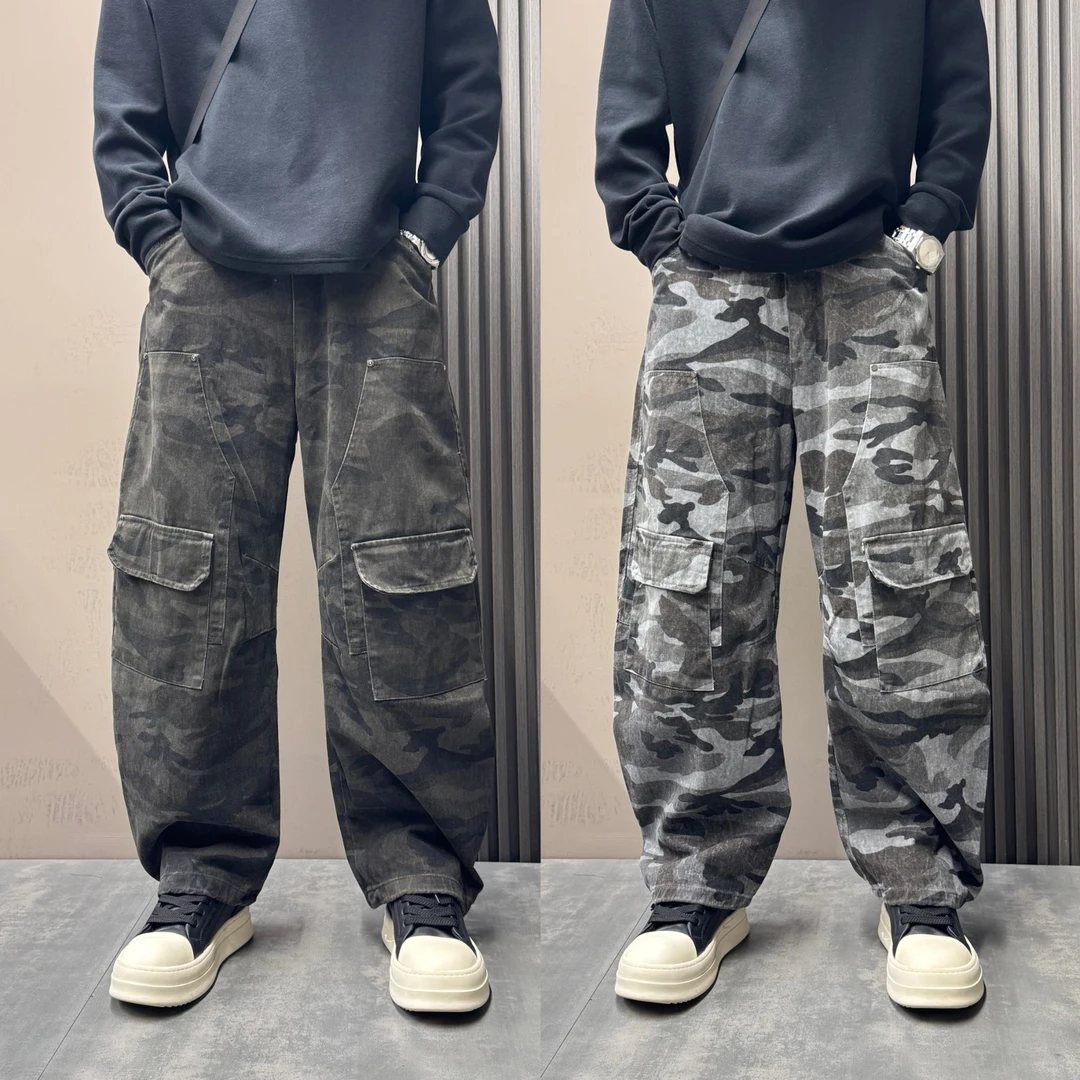 秋冬新款美式复古迷彩工装裤男士宽松直筒阔腿裤潮流休闲长裤