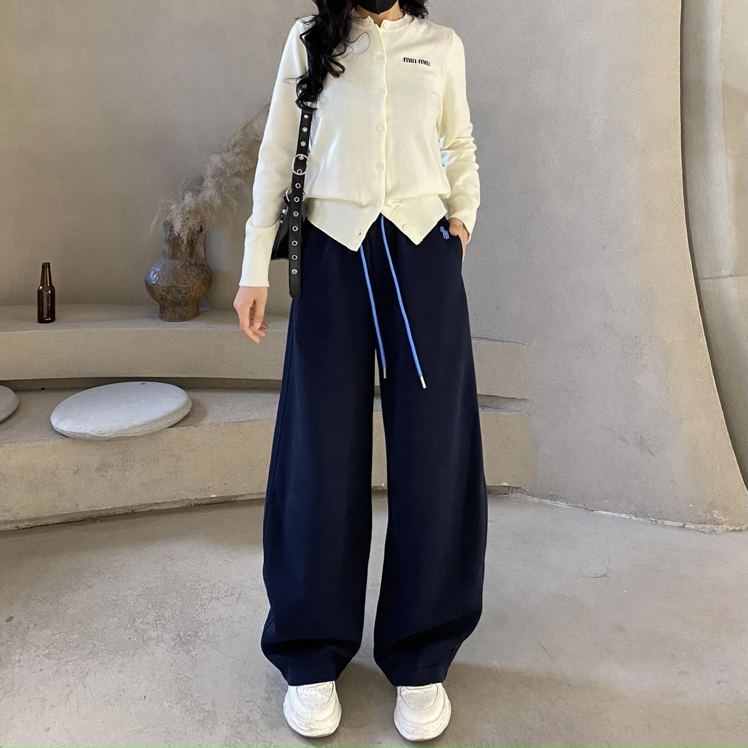 冬季新款加厚加绒刺绣美式显瘦直筒阔腿休闲裤