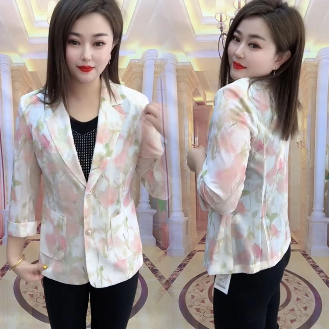 高档防晒网纱西装外套衣女时尚2025印花气质修身短款玫瑰西服上衣