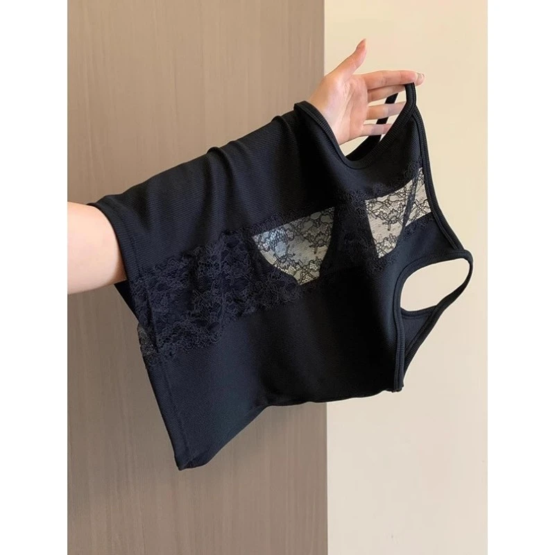 蕾丝镂空吊带背心女夏季带胸垫外穿性感纯欲辣妹内搭打底无袖上衣