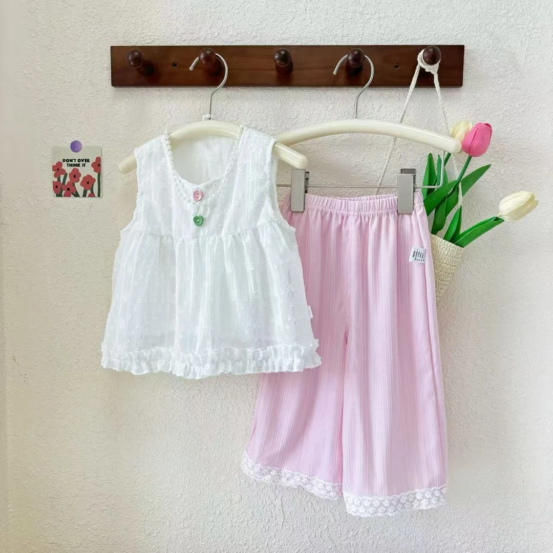 女童装2025夏装爱心扣白月光花边套装女宝儿童粉裤套装SJ-R-B16