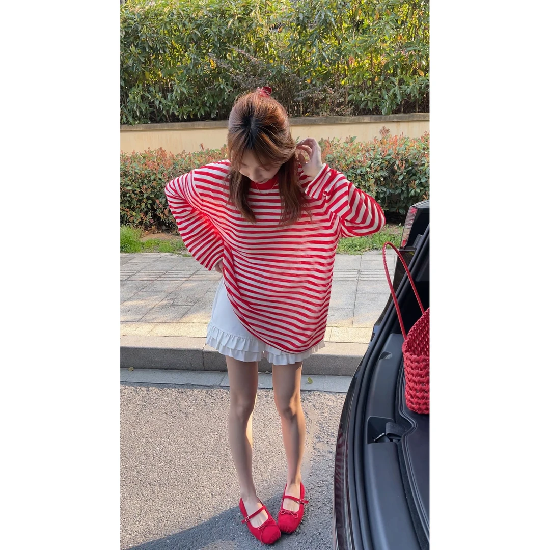 QiongQiong自留款！韩系圆领撞色条纹休闲显瘦冰丝针织衫