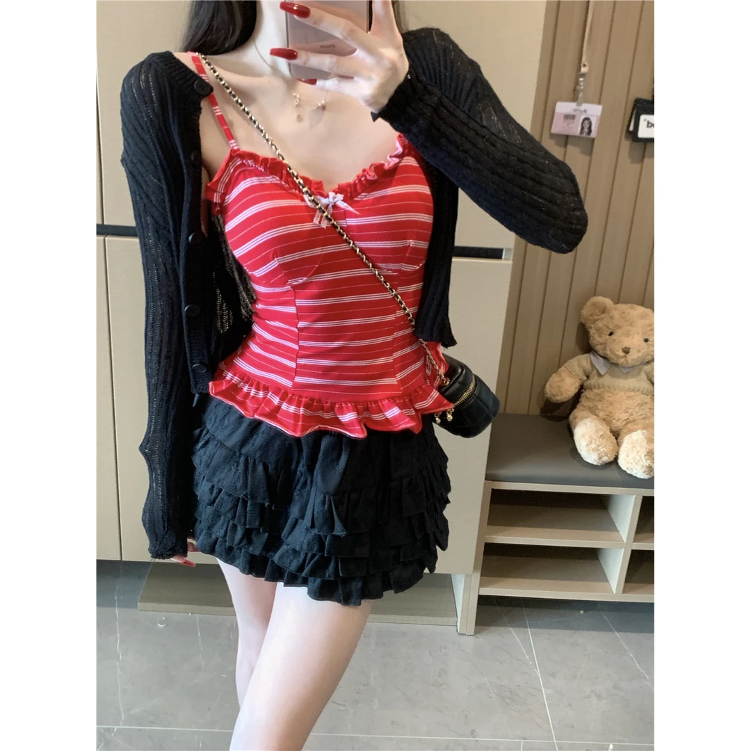 辣妹设计感木耳边V领条纹吊带女士夏季修身显瘦打底背心开衫上衣