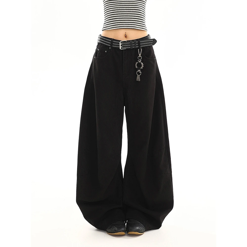 弧形设计水洗黑色弯刀牛仔裤女秋季美式高街潮牌宽松直筒阔腿裤子