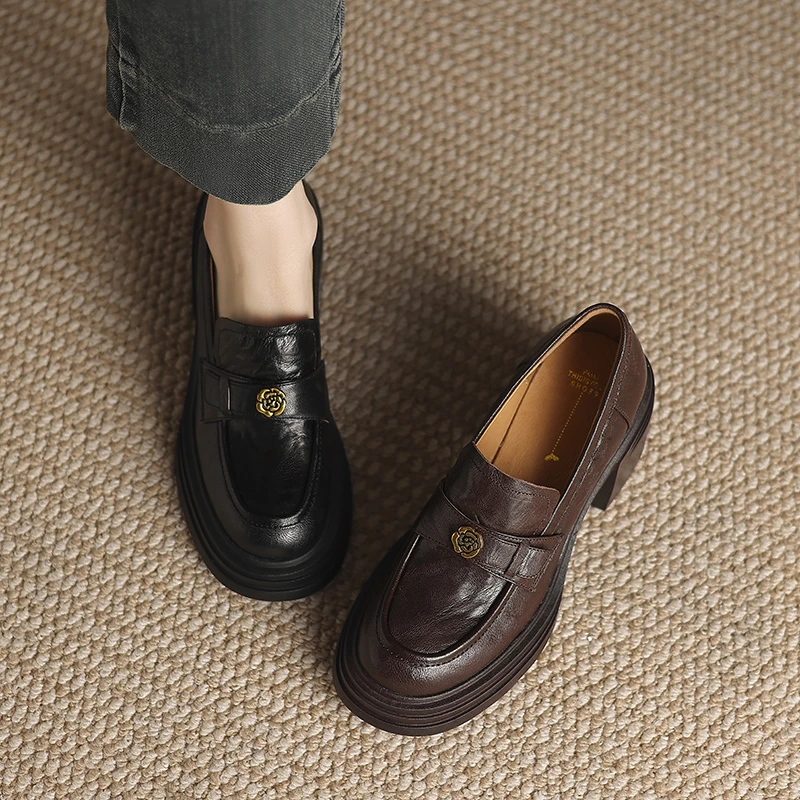 7cm高跟百搭舒适软底真皮女鞋乐福鞋英伦风粗跟圆头春季厚底休闲