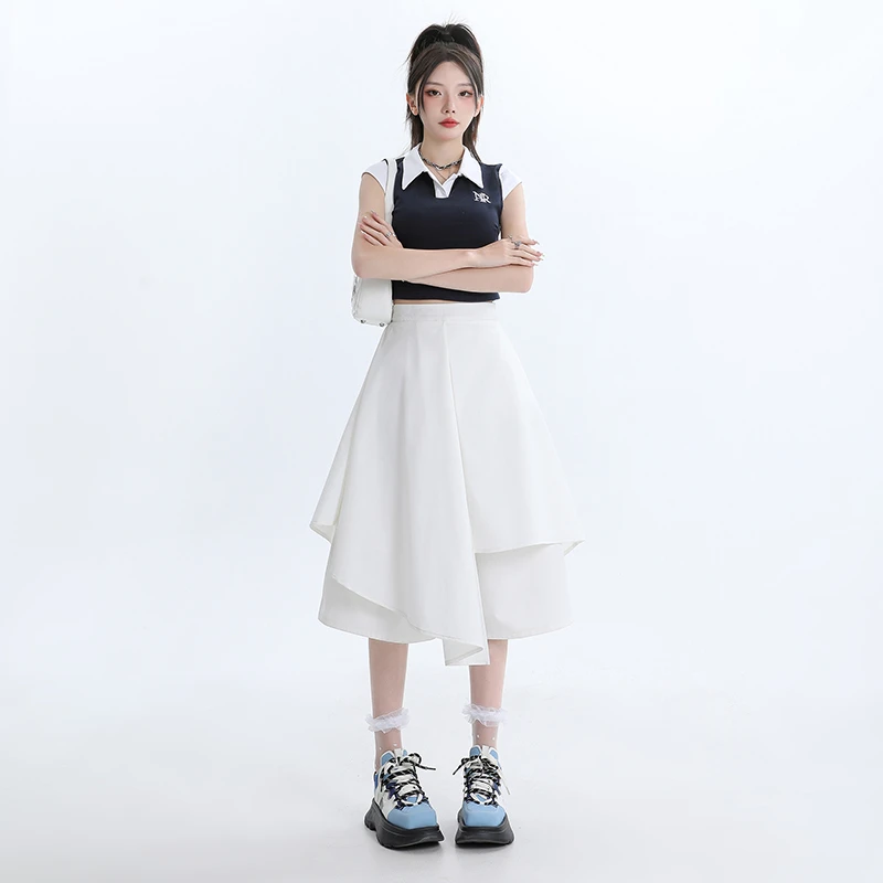 哥弟阿玛施正遮胯裙子显瘦防走光设计感不规则半身裙女黑色高腰