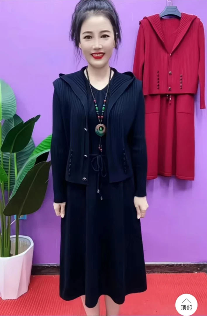 2025年新款轻职风纯色连帽马甲连衣裙两件套女洋气中老年妈妈套装