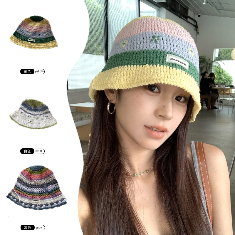 春夏季甜美可爱手钩条纹花朵针织渔夫帽女休闲显脸小清新盆帽