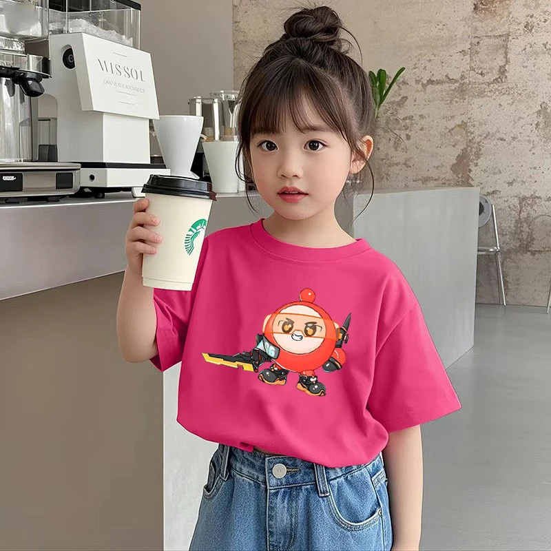 蛋仔卡通派对新款火龙果色T恤儿童夏季短袖洋气圆领宽松百搭上衣