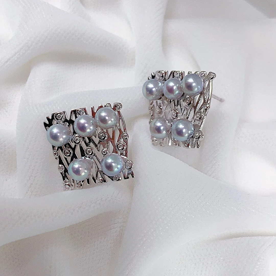 真多麻天然海水珍珠五珠设计款耳钉大气时尚感 4+MM S925银