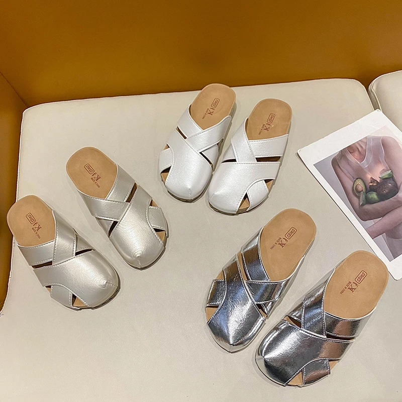 包头拖鞋女2025超火外穿夏季镂空凉拖编织方头半拖超舒服罗马拖鞋