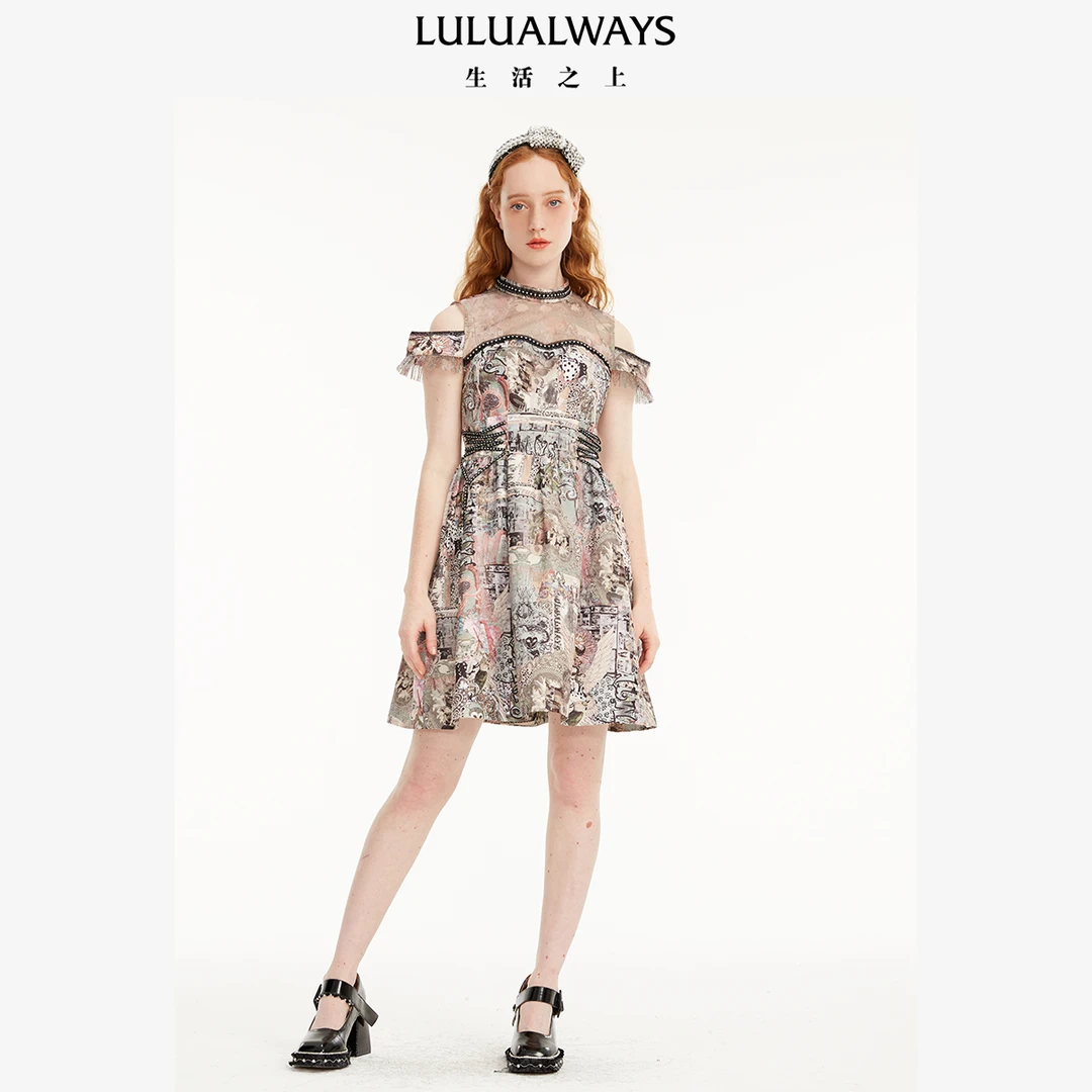 LULUALWAYS23春季新款时尚拼接网纱露肩连衣裙OOB5015