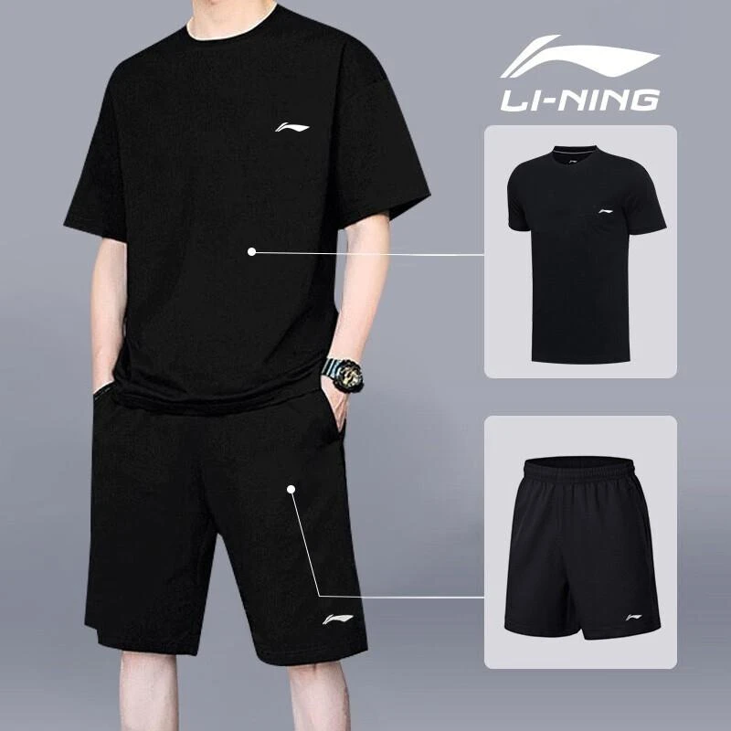 李宁健身透气速干运动套装男夏季新款宽松大码爸爸装短裤跑步短袖