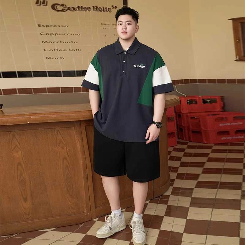 2025夏季短袖男t恤polo衫翻领拼接韩版男士新款潮流大码打底衫