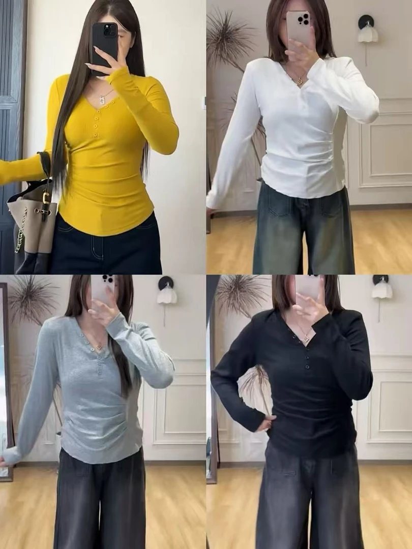 大码v领扣褶皱收腰通勤百搭时尚显瘦遮肚打底小衫