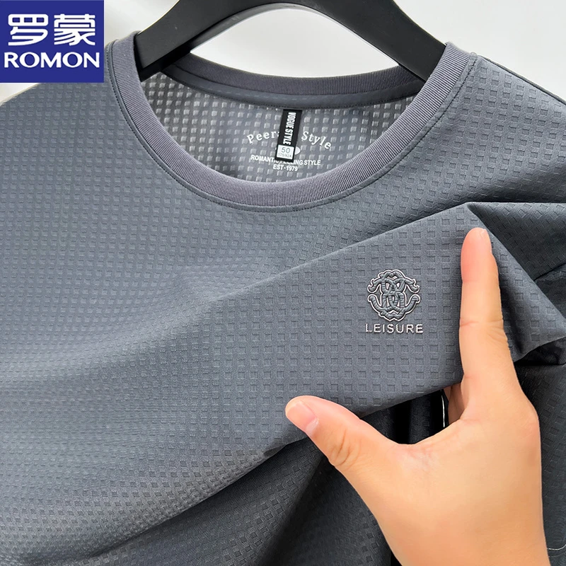 罗蒙冰丝速干短袖T恤男士夏季薄款透气半袖圆领体恤中年爸爸上衣