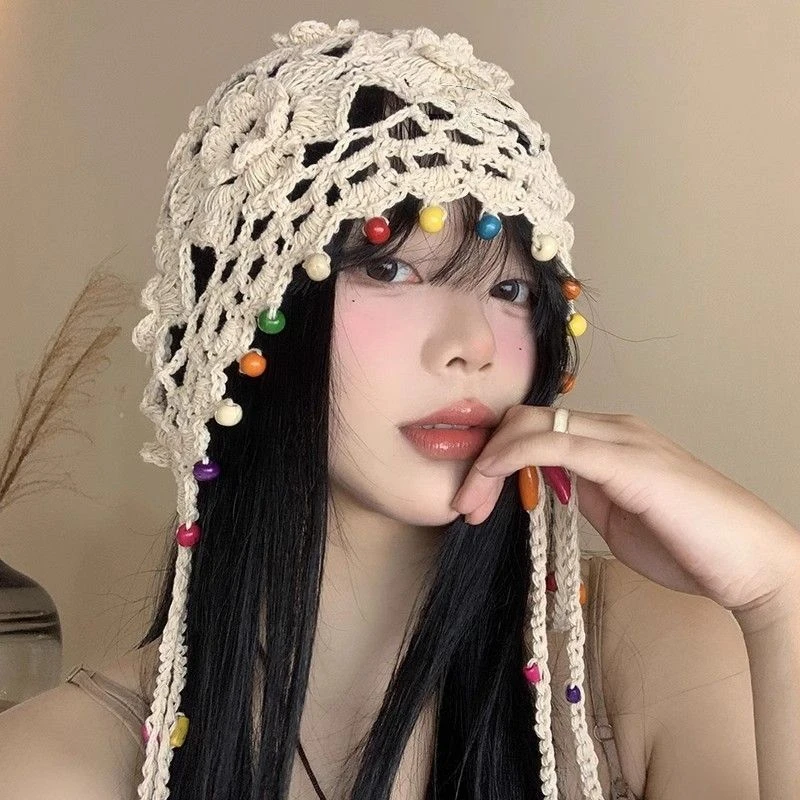 波西米亚花朵流苏编织包头帽女复古镂空民族风套头帽手工针织帽子