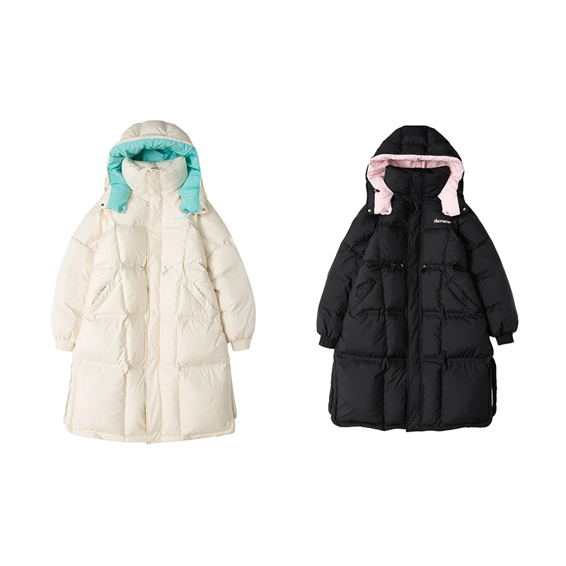 90白鸭绒撞色长款白鸭绒休闲连帽羽绒服